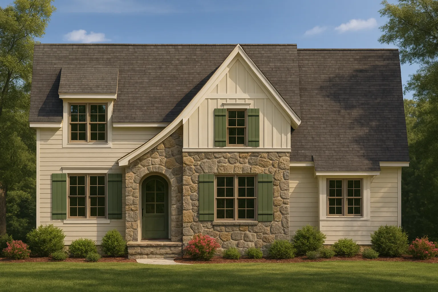 Front elevation of a European Cottage style home with stone facade, board and batten siding, green shutters, and steep gabled roof
