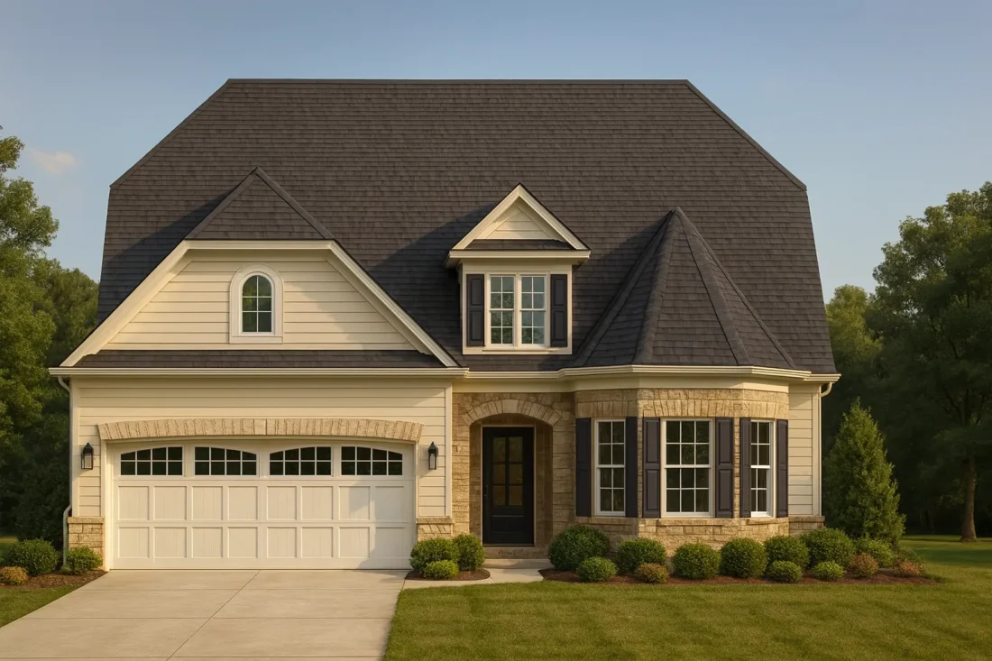 Front elevation of French Country style home with brick and horizontal siding, steep hipped roof, dormer window, and arched entry