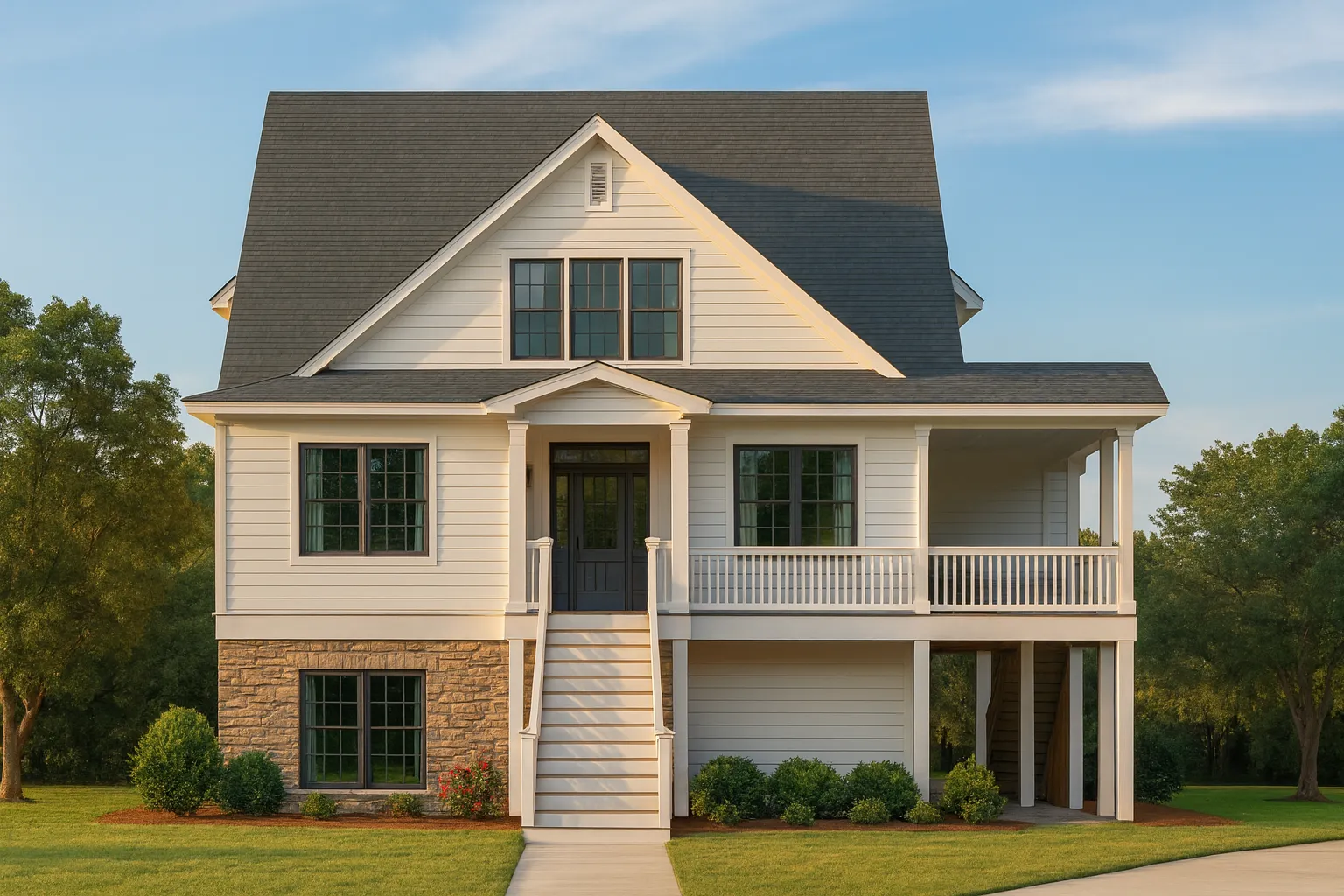 Front elevation of a Southern Low Country style home with raised brick foundation, horizontal siding, covered front porch, and traditional columns
