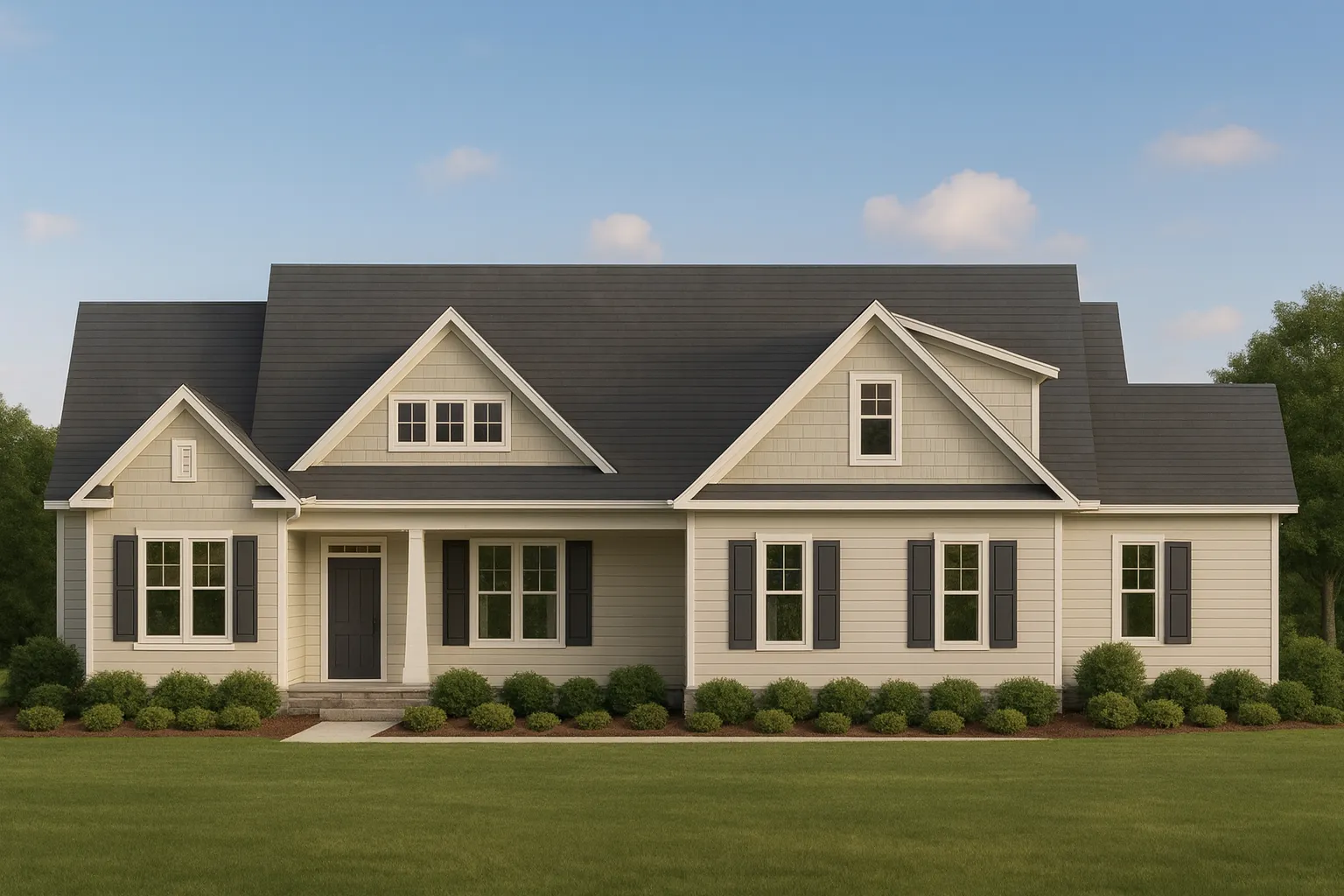 Georgian House Plans 21 Front elevation of a New American modern traditional house with symmetrical gabled rooflines, horizontal siding, and classic suburban curb appeal