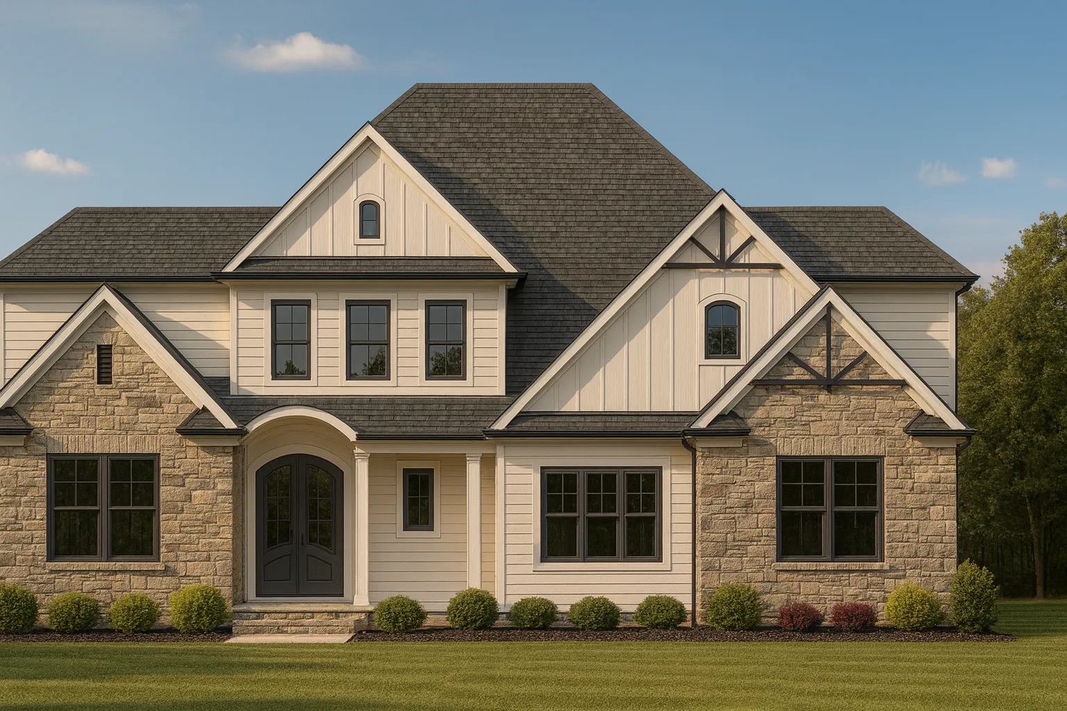 Front elevation of a New American style two-story home with stone veneer, horizontal siding, gabled rooflines, and covered entry porch