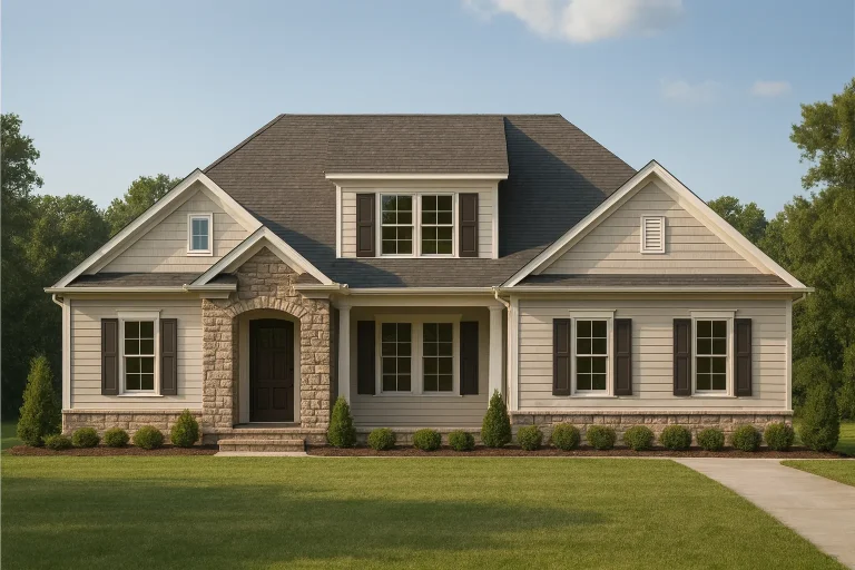 Front elevation of Traditional Classic Suburban home with horizontal lap siding, stone entry surround, gabled rooflines, and symmetrical windows
