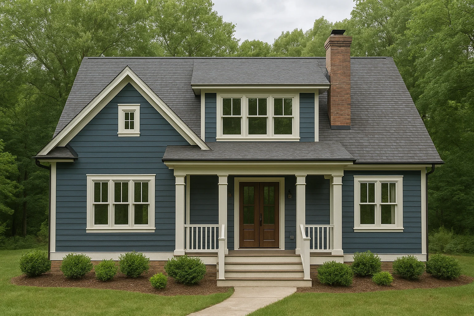 Front elevation of a French Country style home featuring natural stone exterior, steep rooflines, wood shutters, and symmetrical European detailing