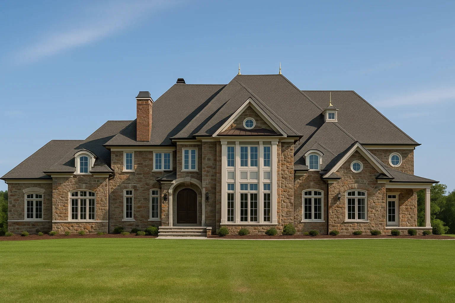 Front view of a Luxury European French Country style home featuring a full stone exterior, steep rooflines, grand windows, and symmetrical architectural detailing