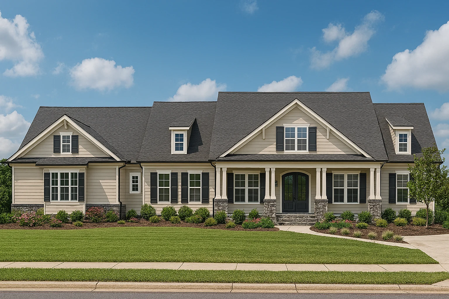 Front elevation of a New American Modern Traditional ranch home with horizontal siding, stone porch columns, black shutters, and a welcoming covered entry