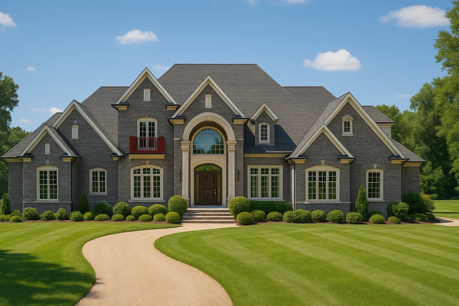 Front elevation of a Luxury European French Country style home featuring dark brick exterior, stone accents, arched entry, and gabled rooflines