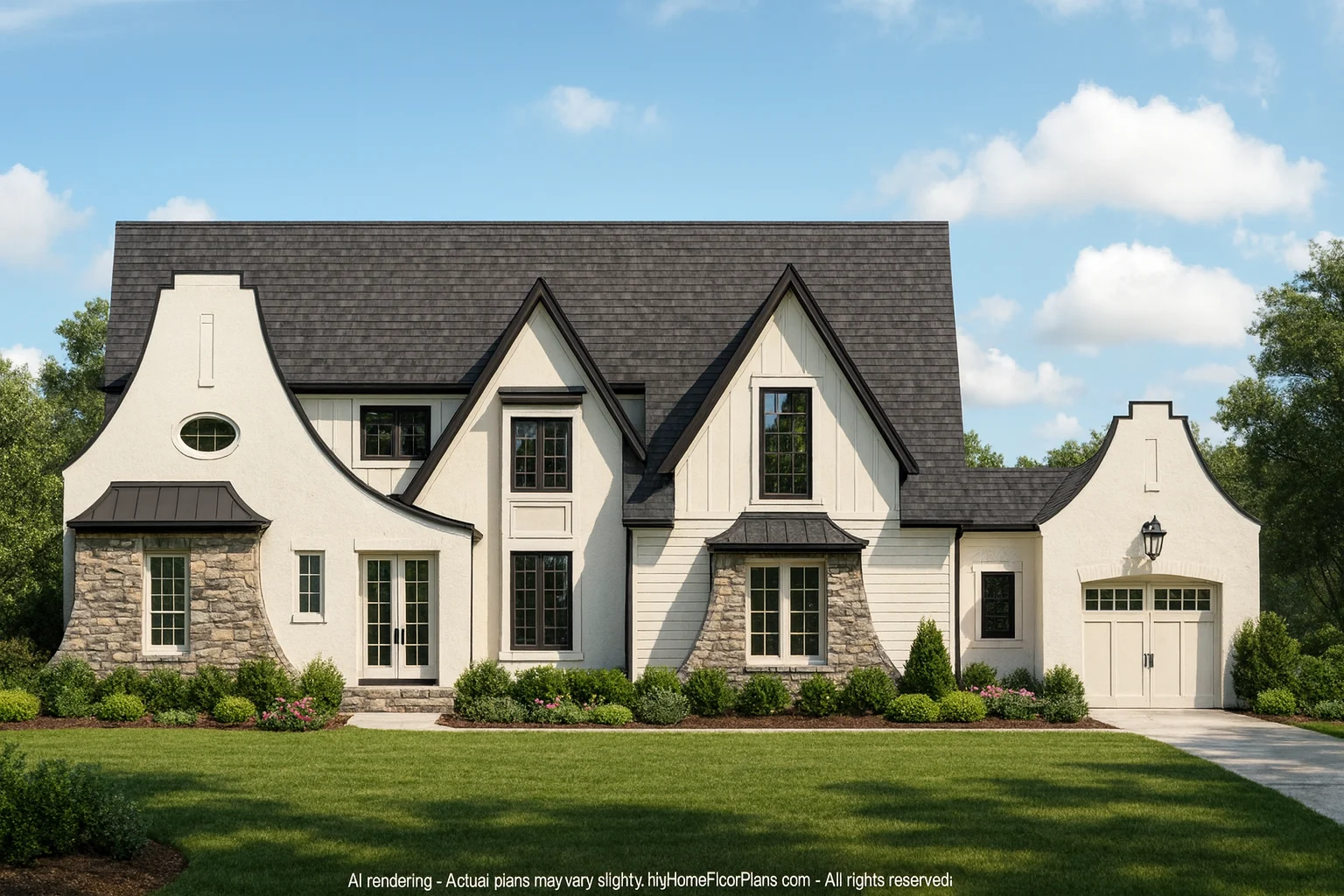 Front elevation of a French Country style home featuring painted brick, board and batten siding, steep gables, and refined European detailing