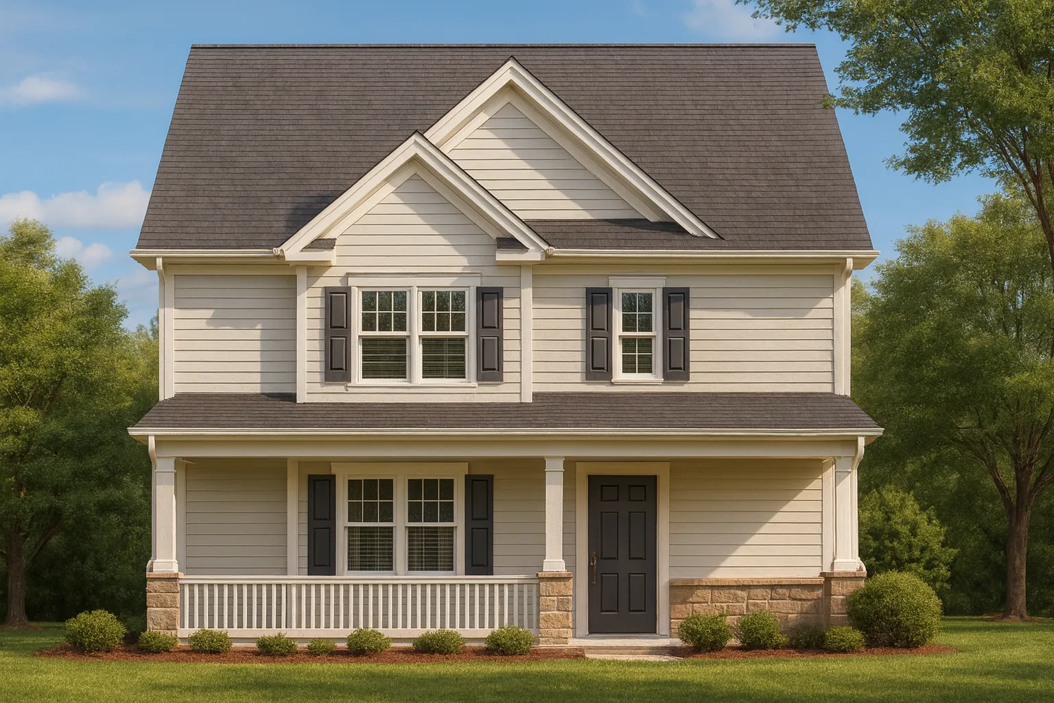 Front view of a Traditional Colonial style home featuring light siding, black shutters, a symmetrical façade, and stone-accented foundation.