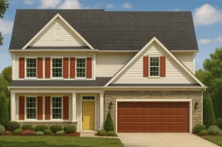 House Plans with Screened-In Porch 15 Front elevation of a Traditional Colonial style home featuring horizontal siding, red shutters, stone accent base, and a double garage with gabled rooflines