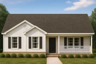 Front elevation of a traditional ranch style house featuring white horizontal lap siding, black shutters, gable detailing, and a welcoming covered porch