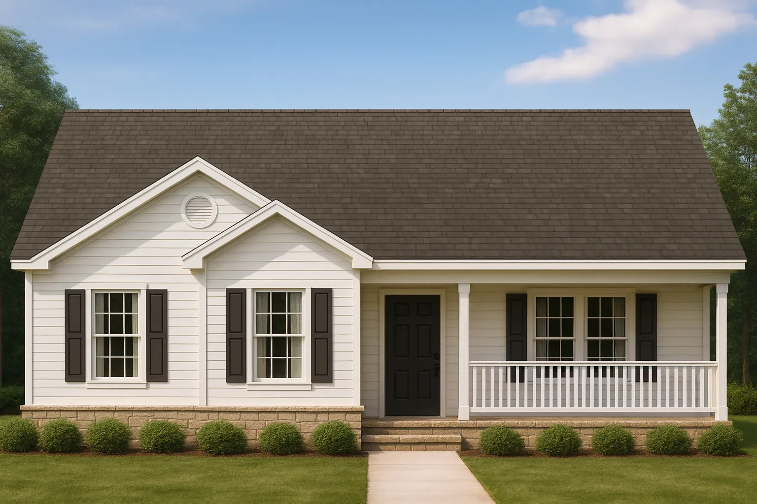 Bed and Bath Features 12 Front elevation of a traditional ranch style house featuring white horizontal lap siding, black shutters, gable detailing, and a welcoming covered porch