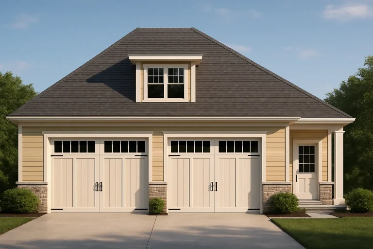 French Country Farmhouse Plans 21 Front elevation of Cape Cod style carriage house garage with horizontal lap siding, dormer window, and double carriage-style garage doors