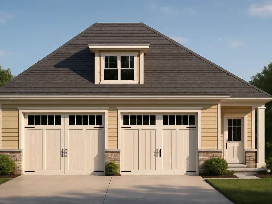 Front elevation of a traditional suburban two-car garage with horizontal siding, stone base accents, carriage-style doors, and dormer window