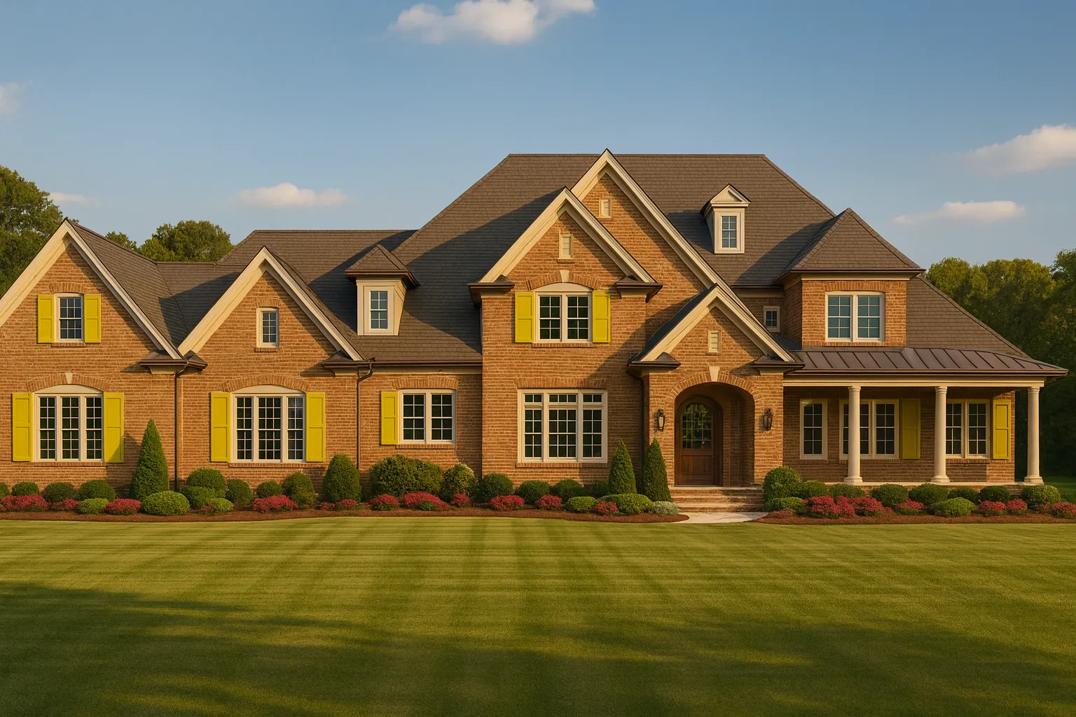 Front elevation of a Traditional Brick home featuring gabled rooflines, yellow shutters, and timeless architectural detailing