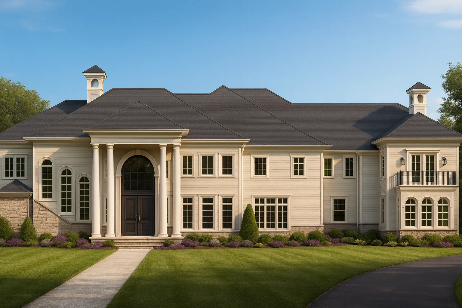 Sloping Lot House Plans 21 Front elevation of a Neoclassical Georgian Colonial style home with symmetrical façade, grand columns, stucco exterior, and refined traditional detailing