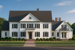 Front elevation of a Colonial and Classical Southern style home featuring white horizontal siding, dormers, shutters, and balanced architectural symmetry