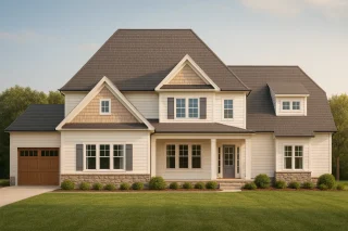 Front elevation of a Traditional New American style home featuring horizontal siding, shake accents, stone veneer, and a welcoming covered entry