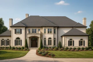 Front elevation of a French Provincial style luxury home featuring stucco walls, elegant masonry trim, arched windows, and a symmetrical European façade