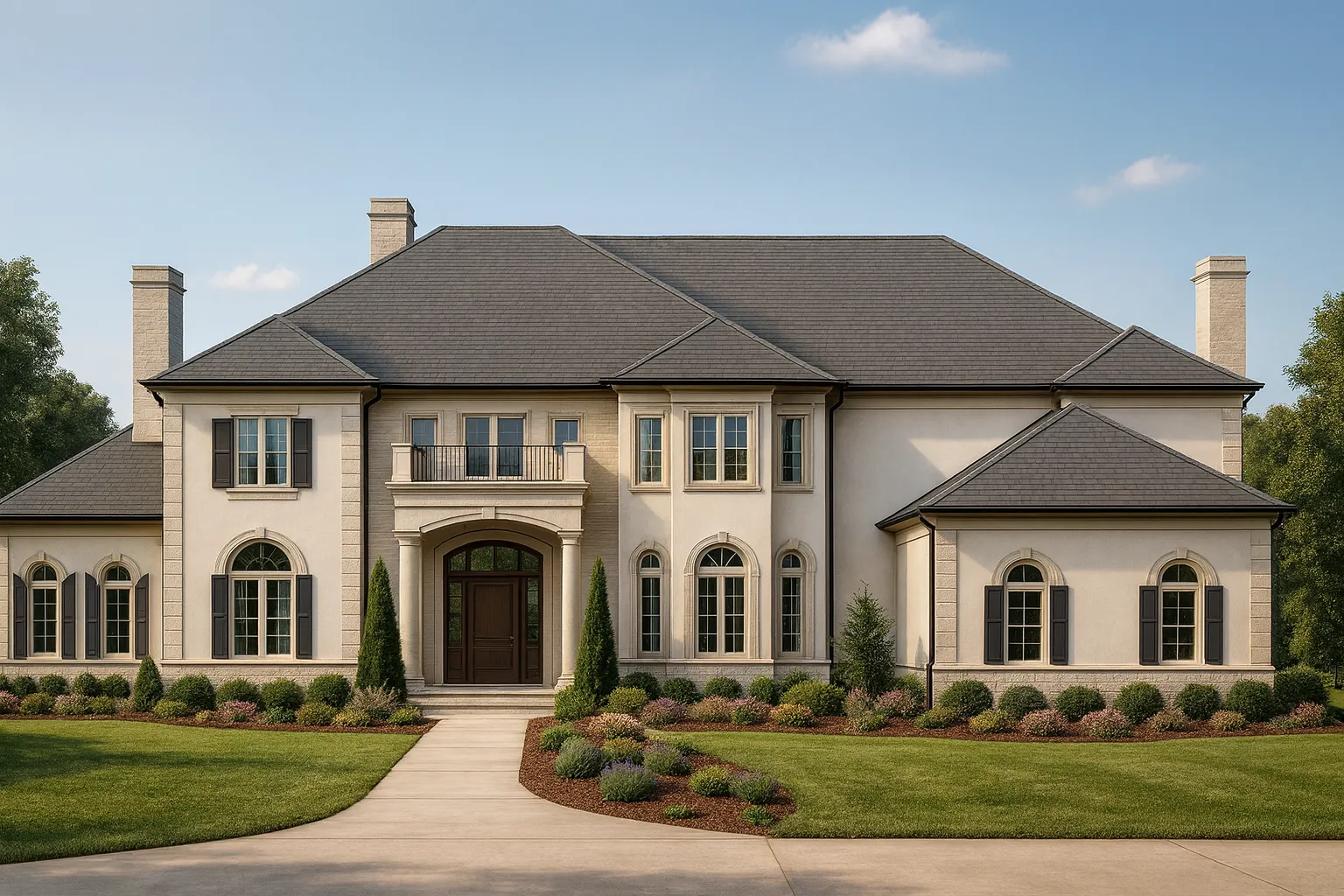 House Plans with Outdoor Fireplace 3 Front elevation of a French Provincial style luxury home featuring stucco walls, elegant masonry trim, arched windows, and a symmetrical European façade