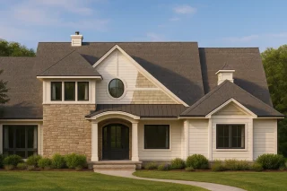 Front elevation of a Transitional Farmhouse home featuring stone accents, board-and-batten siding, gabled rooflines, and classic suburban curb appeal