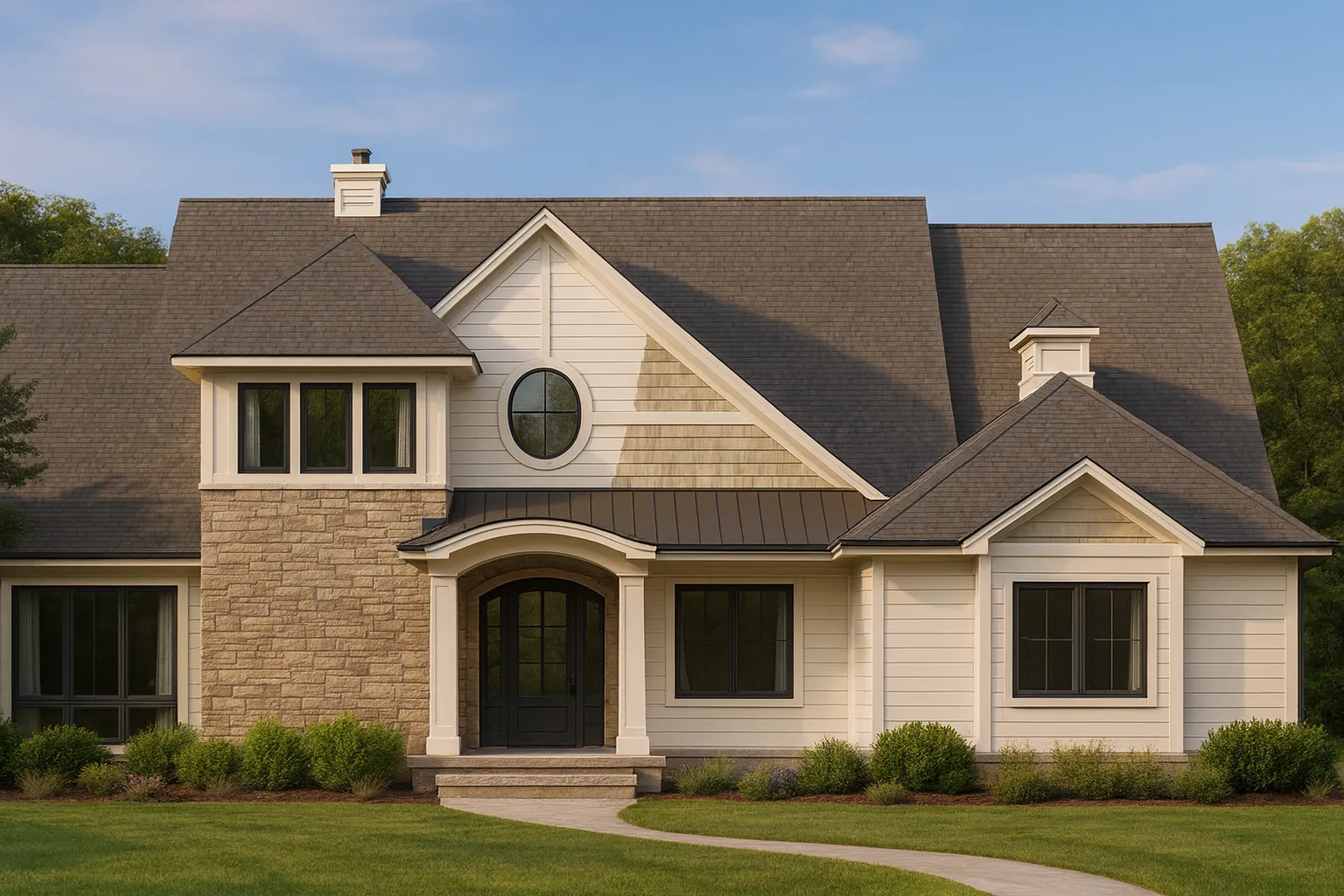 Front elevation of a Transitional Farmhouse home featuring stone accents, board-and-batten siding, gabled rooflines, and classic suburban curb appeal