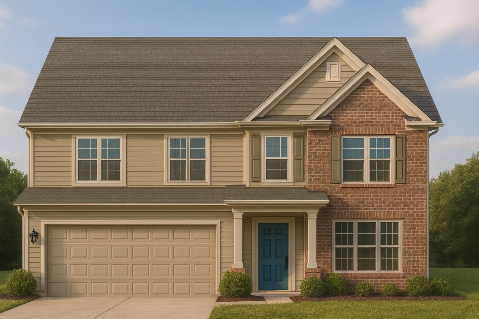 Front elevation of a Traditional Colonial style home with brick and horizontal siding, symmetrical windows, and a two-car garage