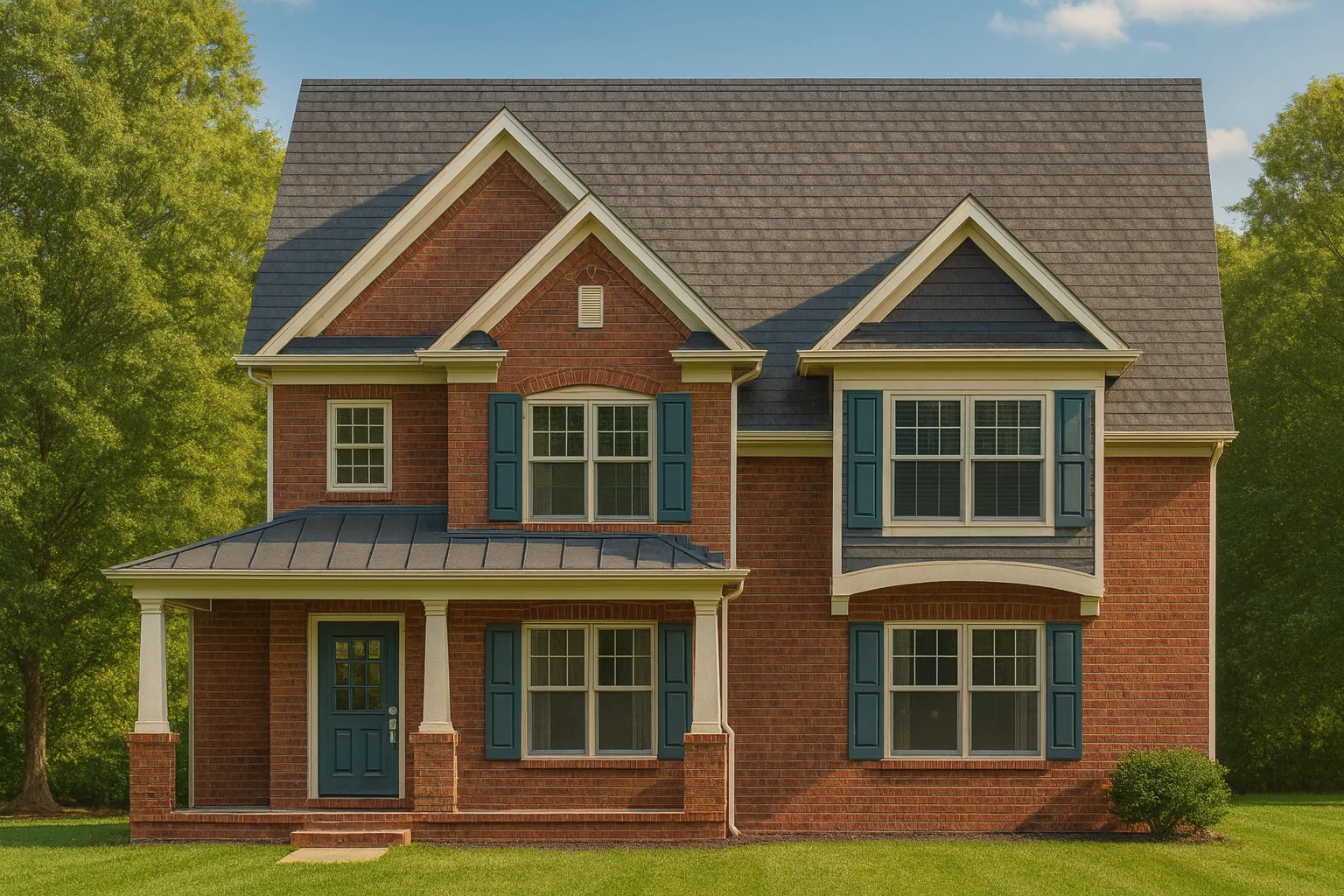 Front elevation of a Traditional Colonial style home with red brick exterior, blue shutters, gabled rooflines, and covered front porch