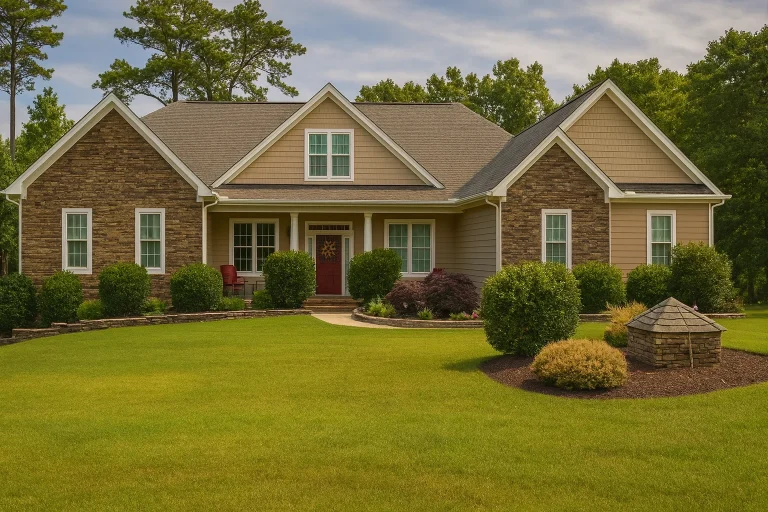 Front exterior view of a Traditional Ranch Craftsman style home with stone veneer, horizontal siding, gabled rooflines, and covered front porch