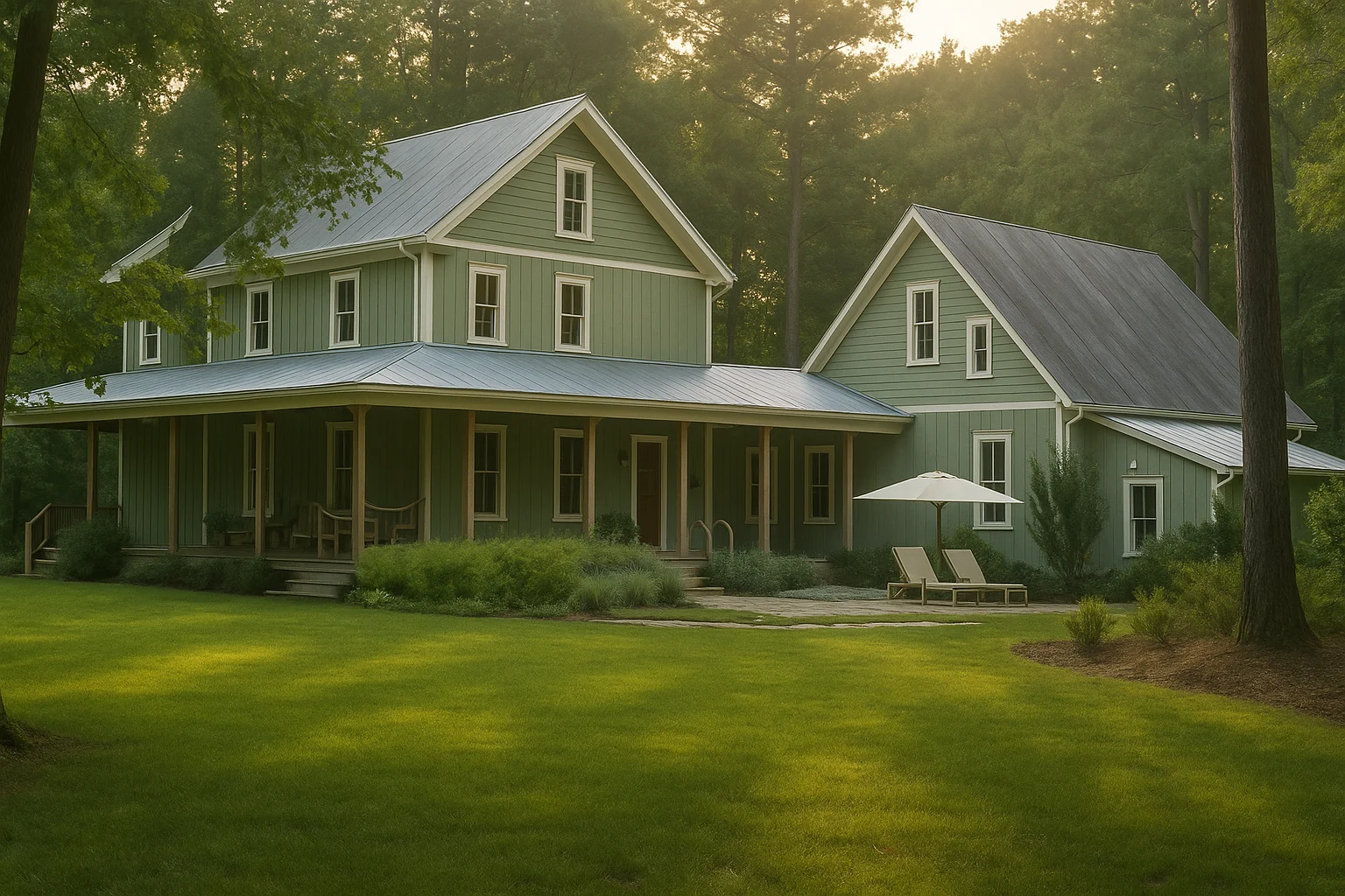 Colonial Farmhouse House Plans 5 Southern Farmhouse style home featuring board and batten siding, standing seam metal roof, wraparound porch, and detached garage wing