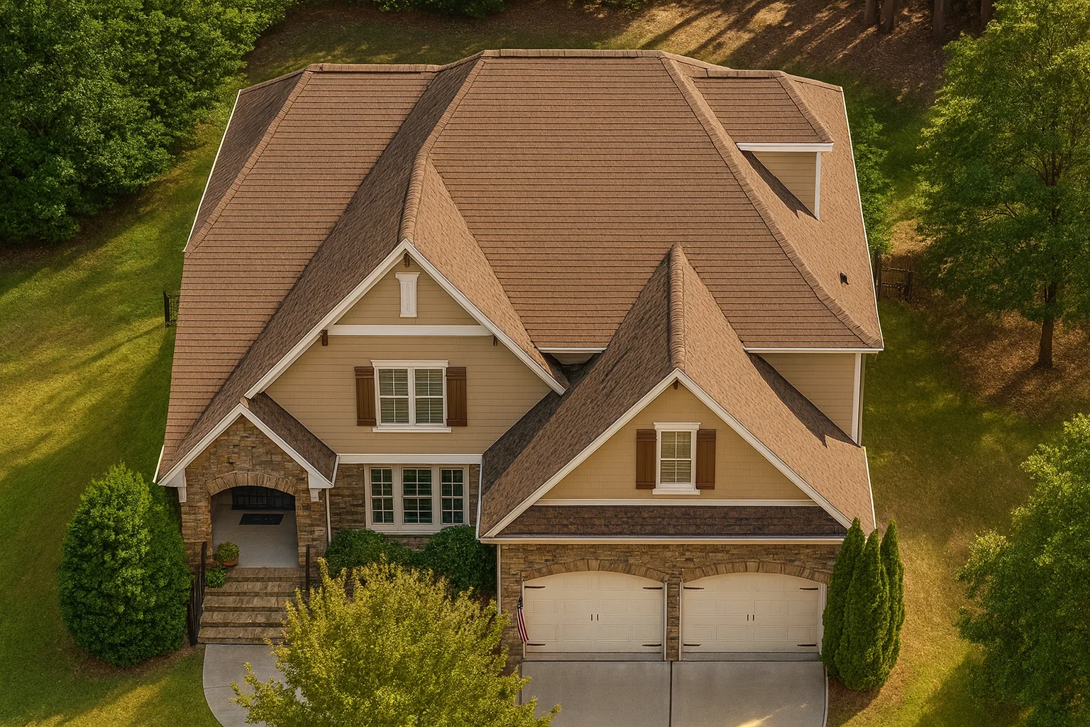 Front elevation of a New American modern traditional house with horizontal siding, stone accents, gabled rooflines, and attached two-car garage