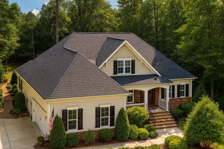 Front exterior of a New American style home featuring horizontal siding, brick accents, black shutters, and a welcoming covered front porch