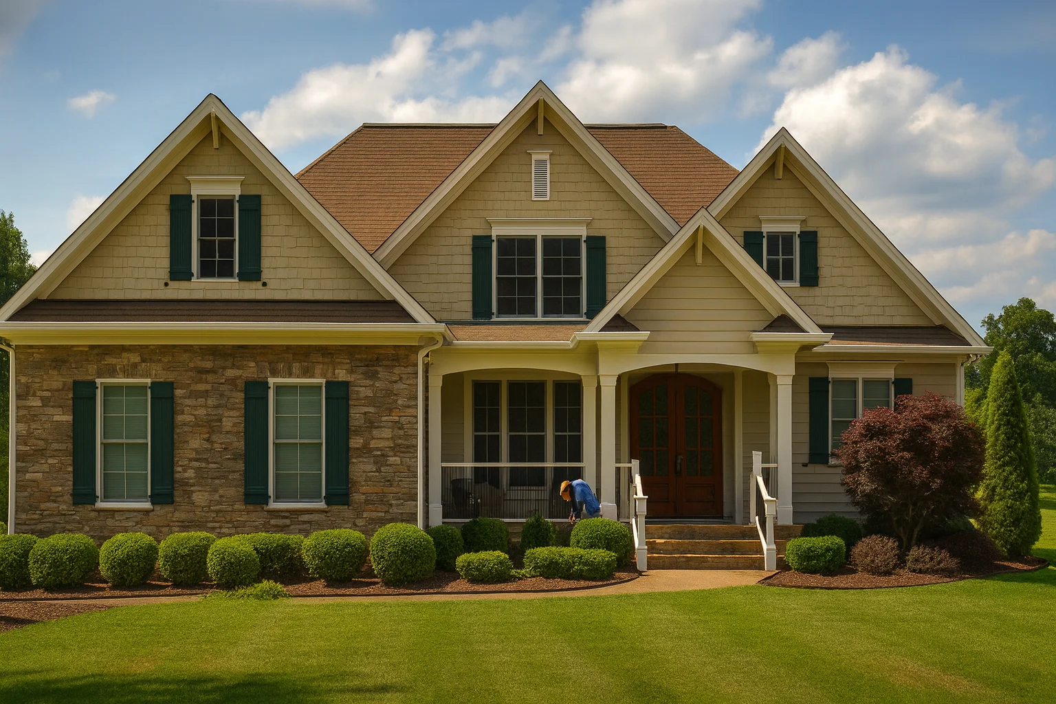 Front elevation of a New American Craftsman home with stone veneer, lap siding, gabled rooflines, and covered front porch