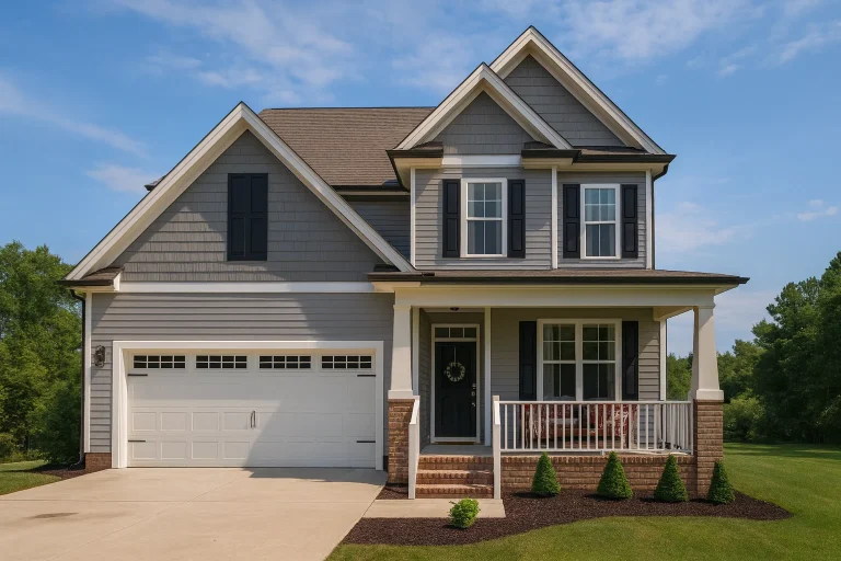 Front elevation of a New American Craftsman home featuring horizontal siding, shingle accents, brick porch columns, and a covered front porch