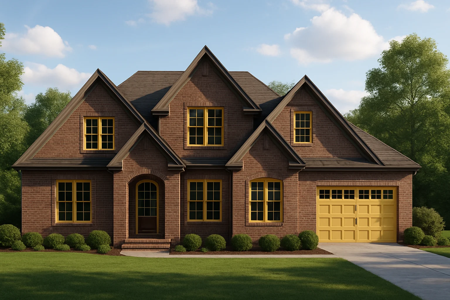 6 Bedroom House Plans 23 Front elevation of a Traditional New American style brick home with symmetrical windows, gabled rooflines, and attached garage