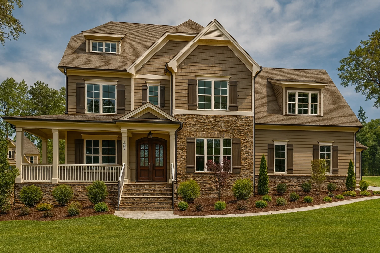Georgian House Plans 3 Front elevation of a New American Traditional style house with horizontal siding, stone exterior accents, and a welcoming covered front porch