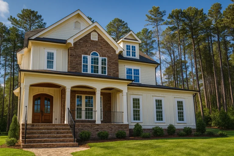 Front elevation of a New American style two-story house with board and batten siding, stone accents, covered porch, and symmetrical windows