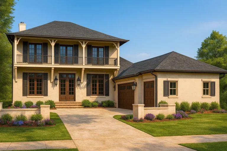 Front exterior of a Classical Southern Colonial style home with smooth stucco exterior, upper balcony, wood shutters, and side-entry garage