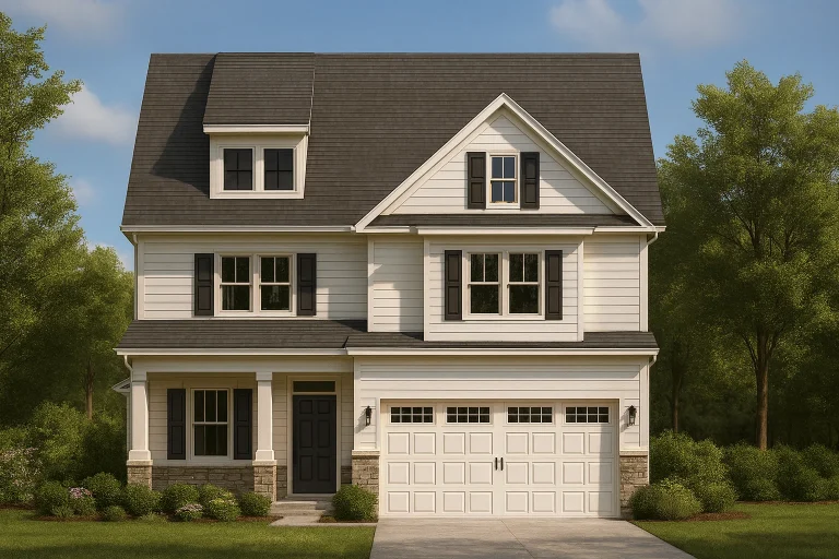 Front elevation of a New American style two-story home with white lap siding, stone accents, black shutters, and an attached two-car garage