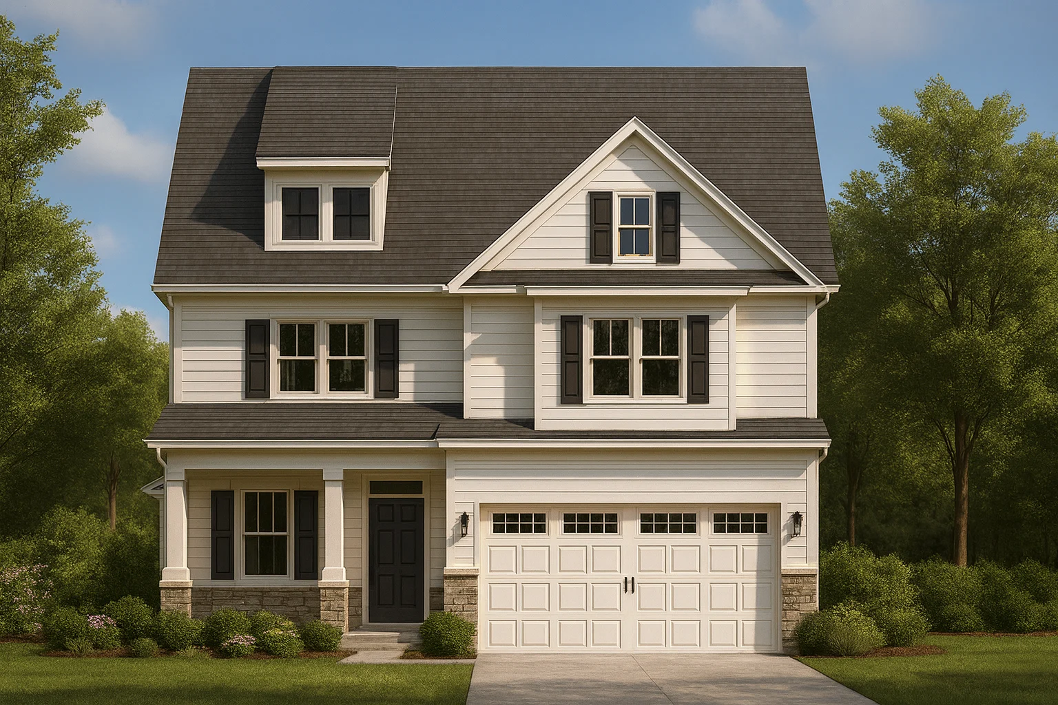 Georgian House Plans 21 Front elevation of a New American style two-story home with white lap siding, stone accents, black shutters, and an attached two-car garage