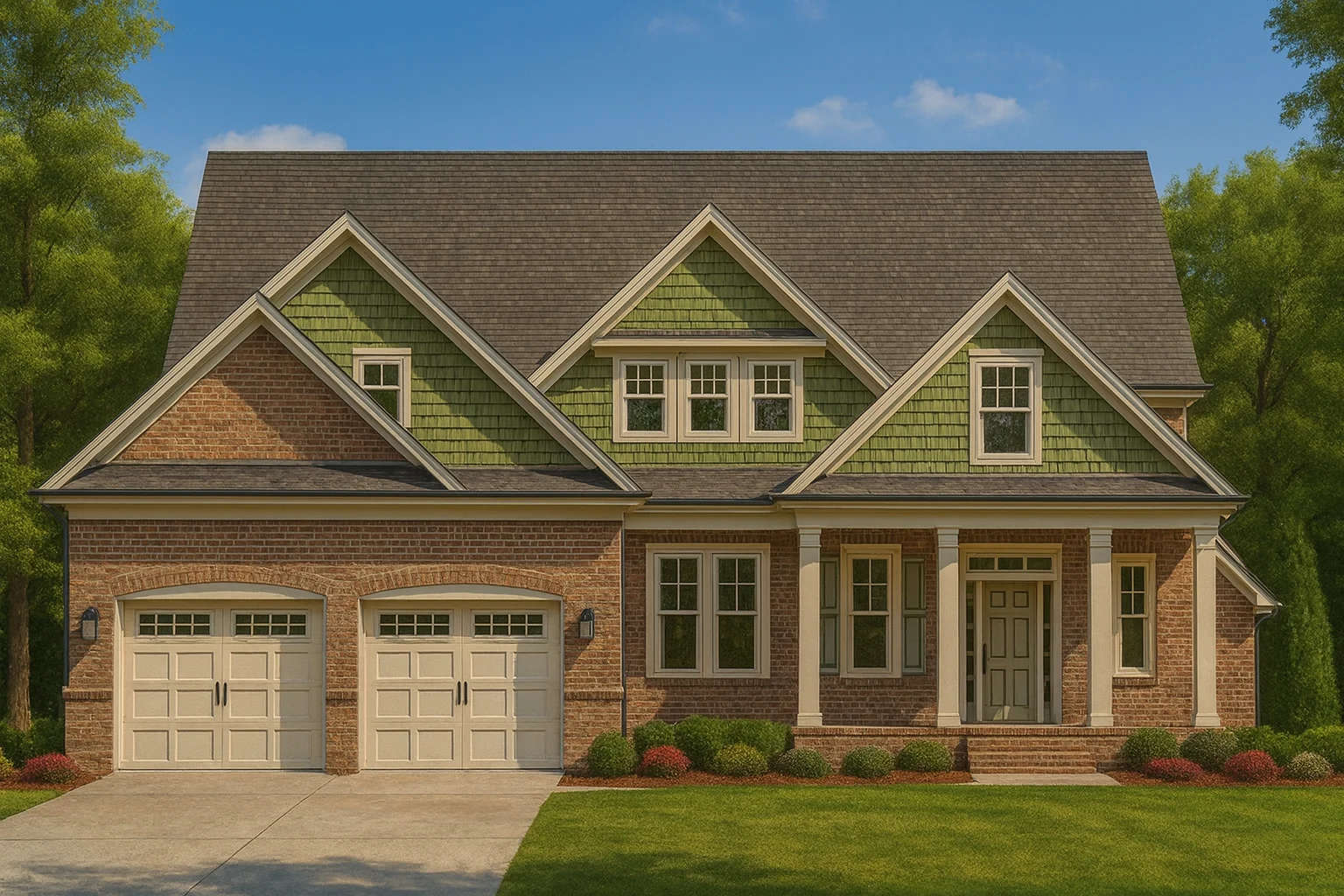 Front elevation of a New American style home featuring brick exterior, green shake siding, gabled rooflines, and a covered front porch