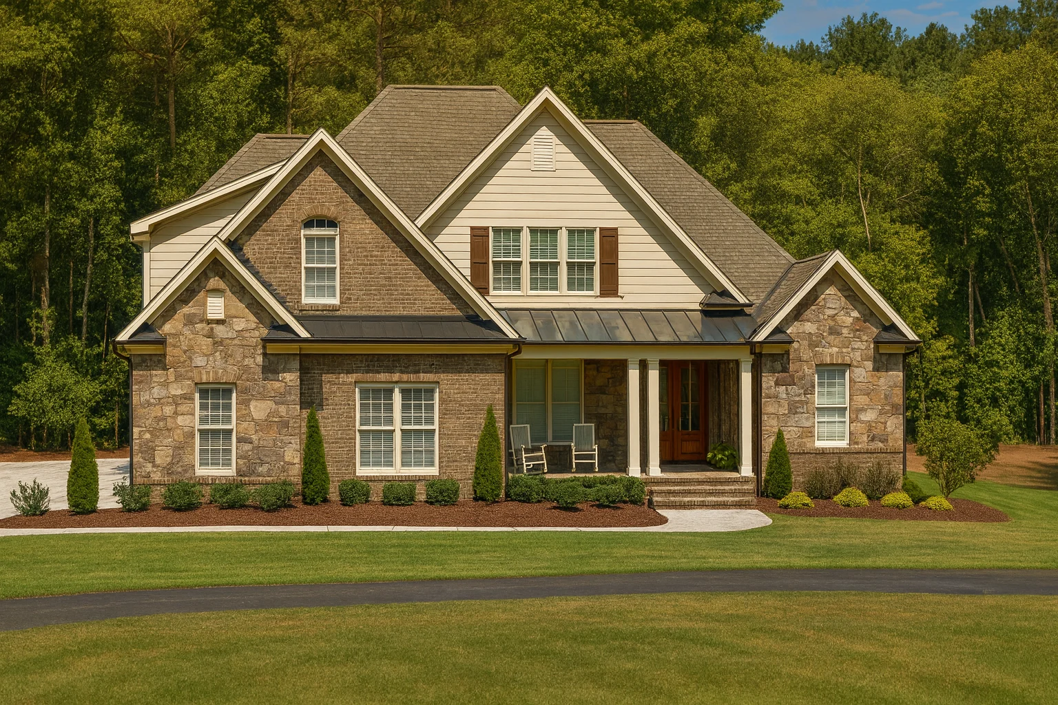 Front elevation of a New American modern traditional house with brick and stone exterior, lap siding, gabled rooflines, and covered front porch