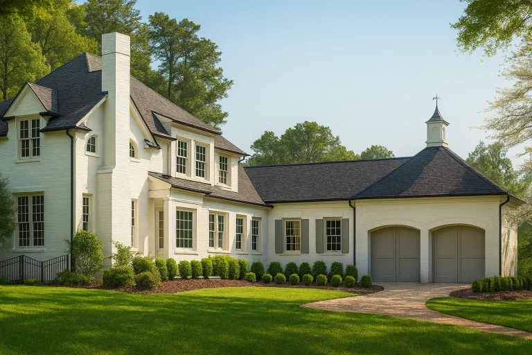 House Plans 15 Front elevation of French Country style home with smooth stucco exterior, steep hip rooflines, tall windows, and side-entry two-car garage