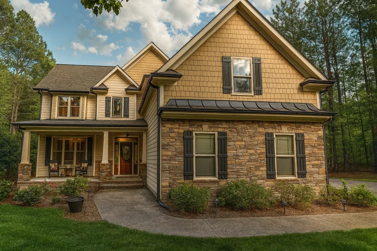 Front exterior view of a New American Craftsman style home with mixed stone veneer and horizontal siding, gabled rooflines, and covered porch