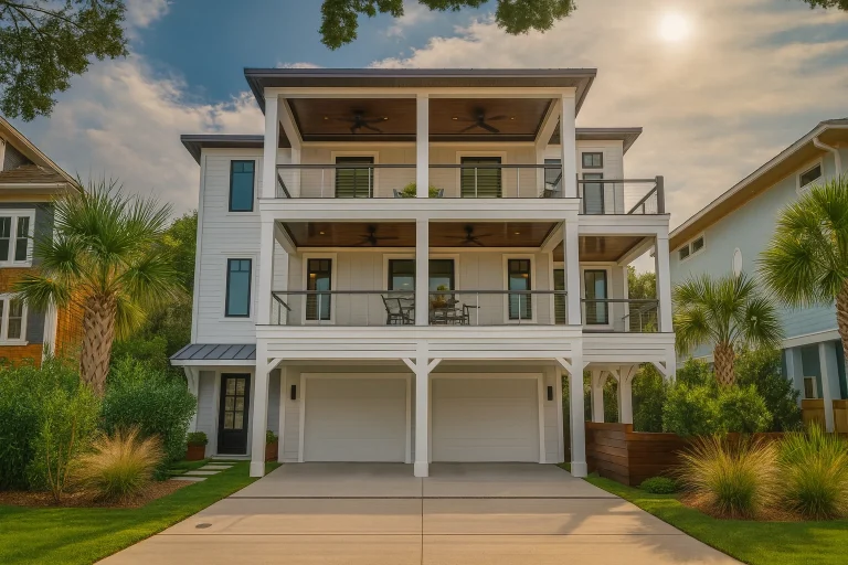 Front elevation of a 3-story Coastal beach house with white siding, double wraparound balconies, covered porches, and two-car garage