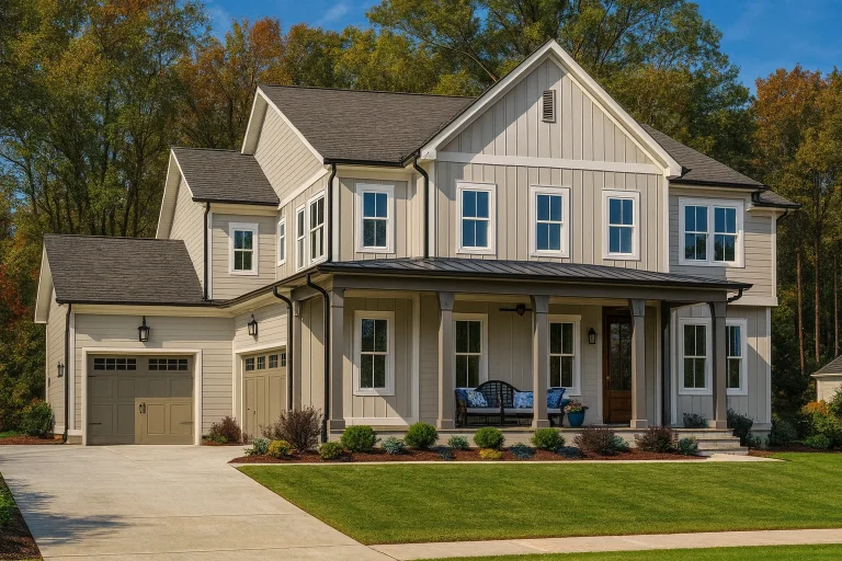 House Plans 9 Front elevation of a Modern Farmhouse style home with horizontal lap siding, board and batten gables, covered porch, and attached garage