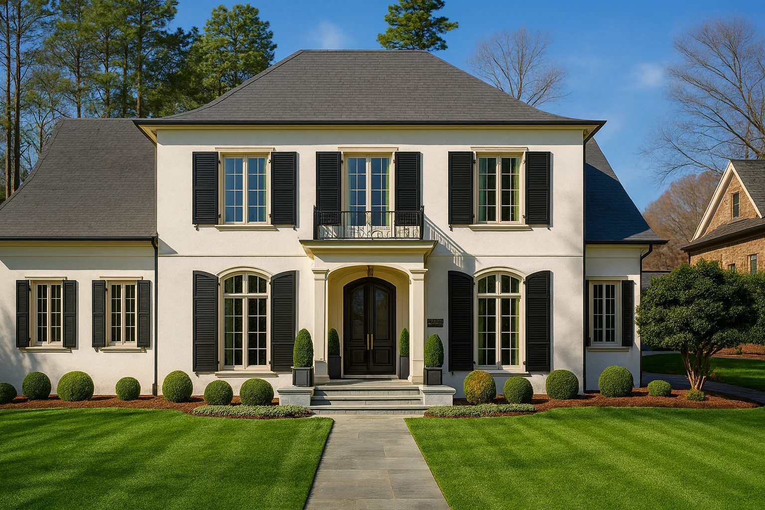 Front elevation of a Colonial Revival Georgian-style home with painted brick exterior, black shutters, and formal symmetrical design