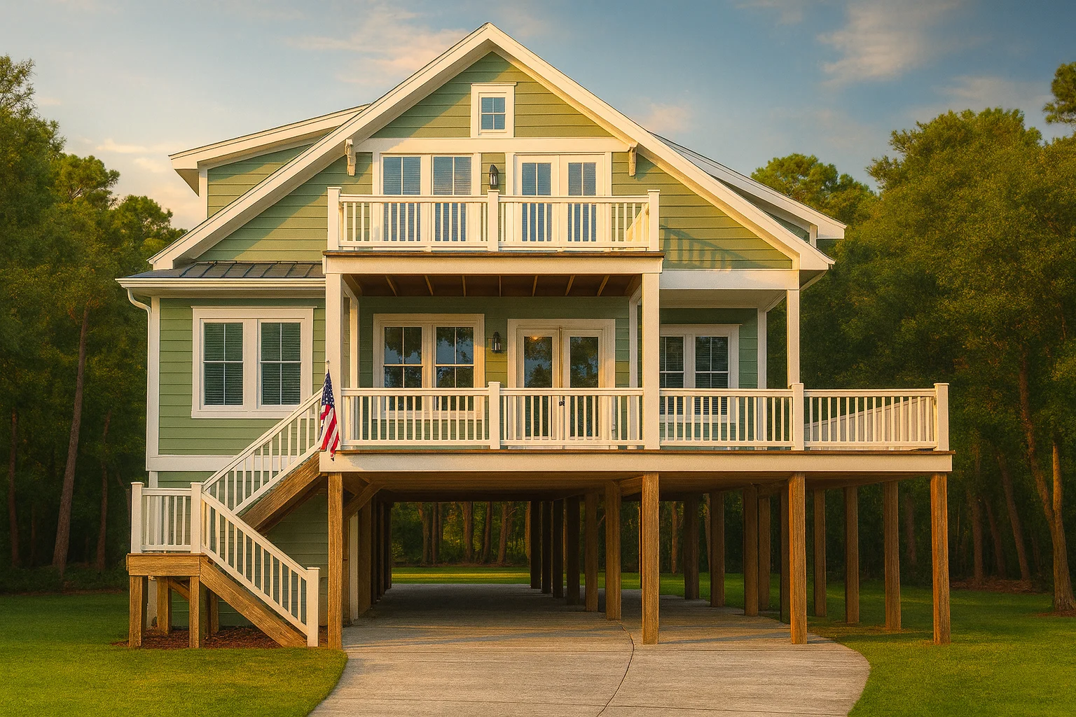 Front exterior of an elevated Coastal Low Country style home with horizontal siding, wraparound porches, balconies, and pier foundation
