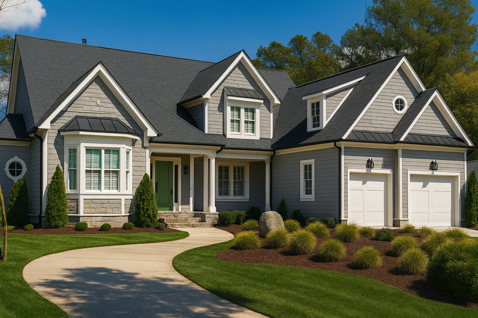 Front exterior view of a New American style home featuring shingle siding, traditional suburban architecture, gabled rooflines, and an attached garage