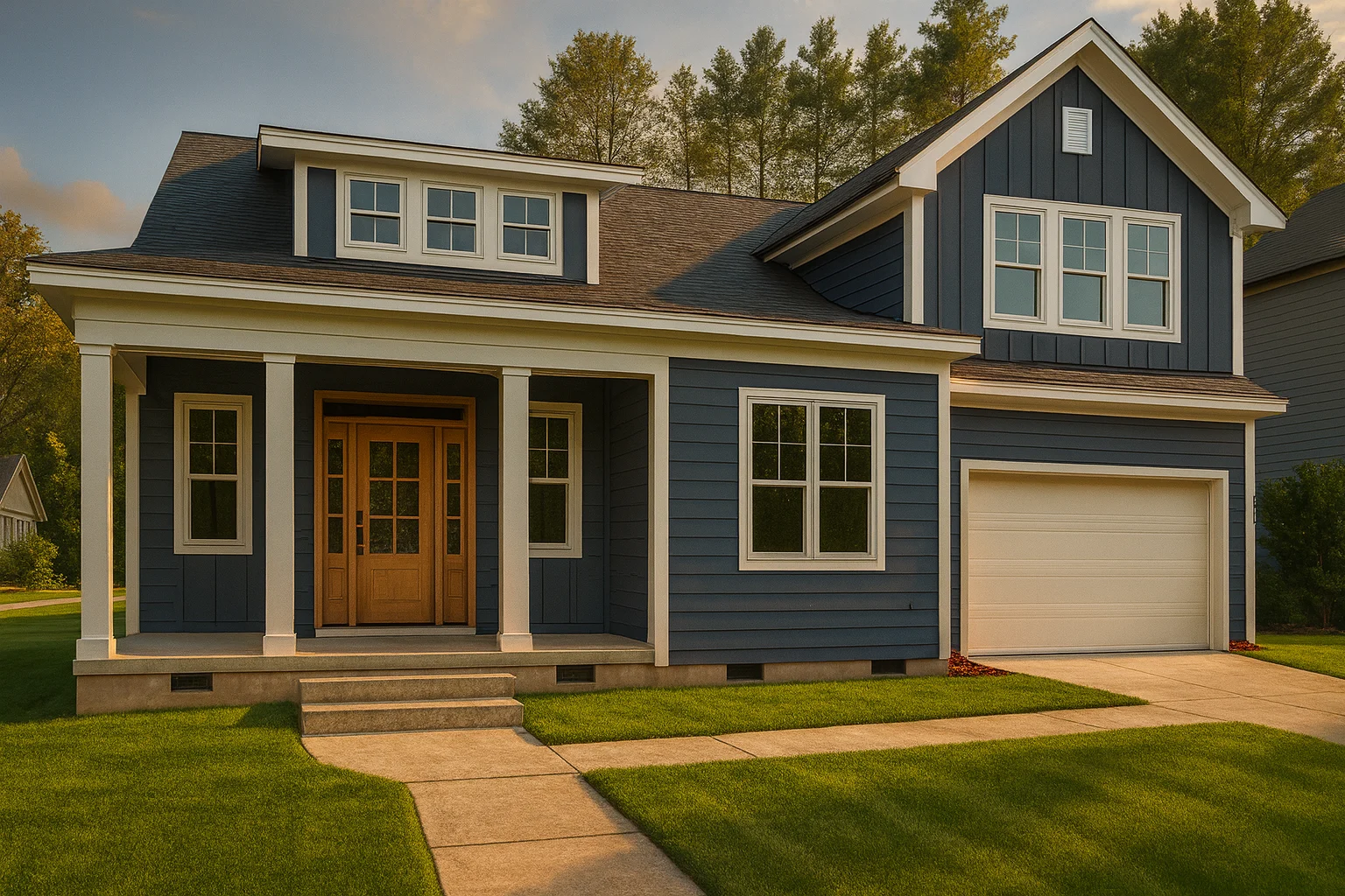 Front elevation of a New American style home with Craftsman influences, horizontal siding, board and batten accents, covered porch, and attached garage