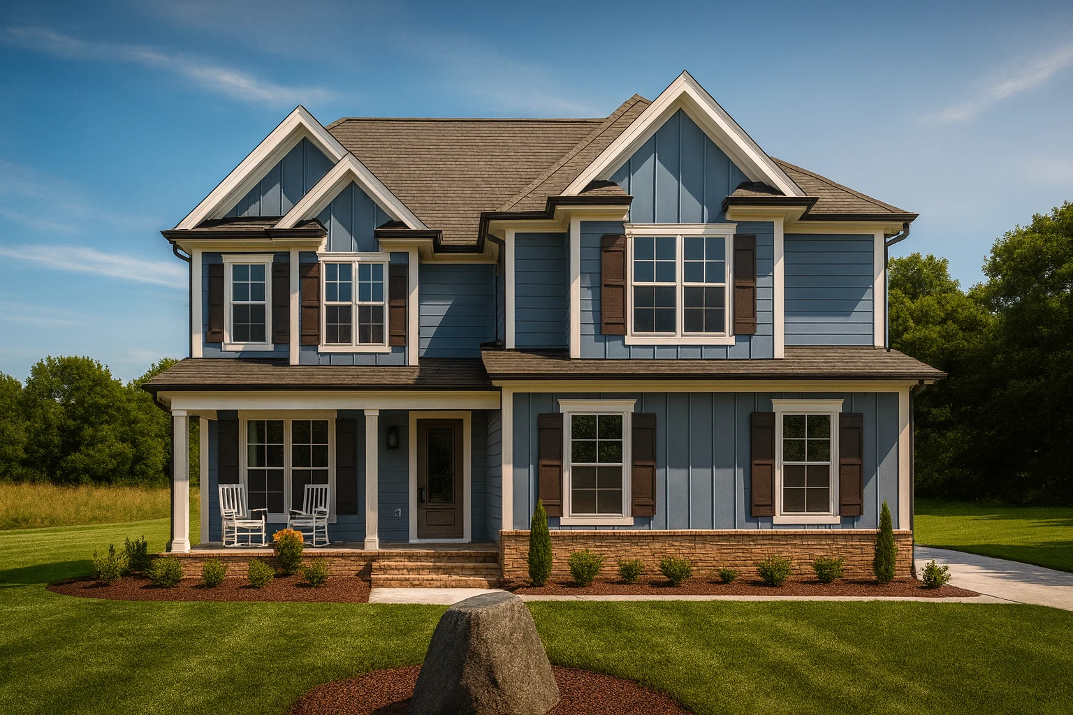 Front elevation of a New American modern traditional style home with horizontal siding, board and batten details, covered porch, and symmetrical windows